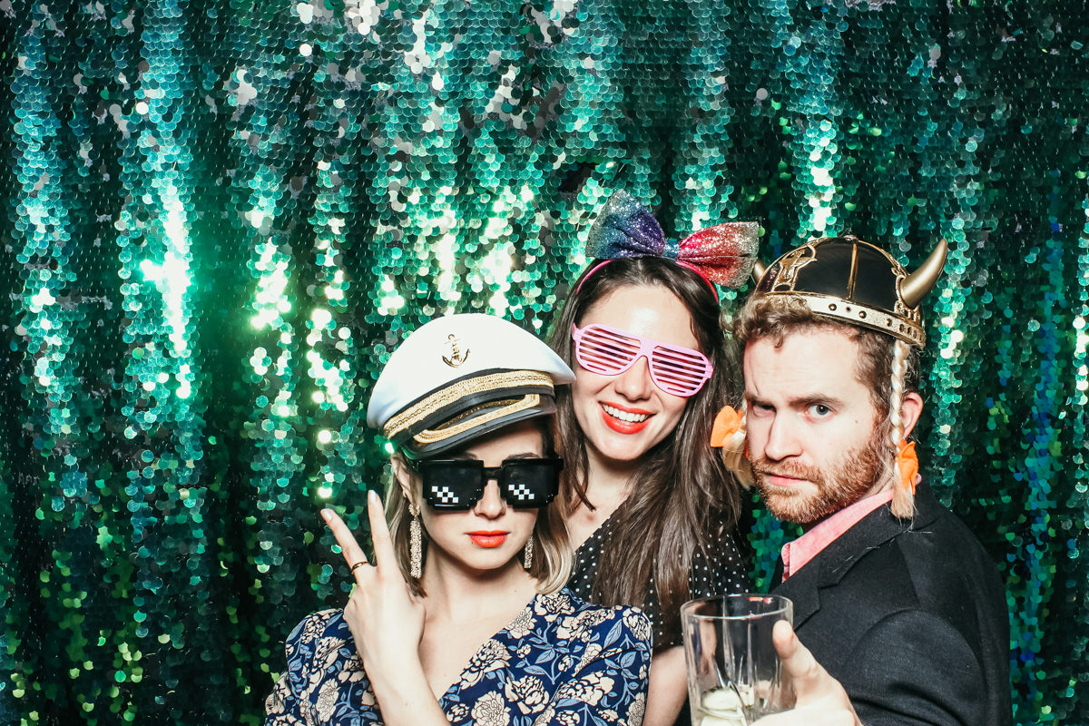 elmore court wedding photo booth hire with mad hat photo booth and green sequins backdrop