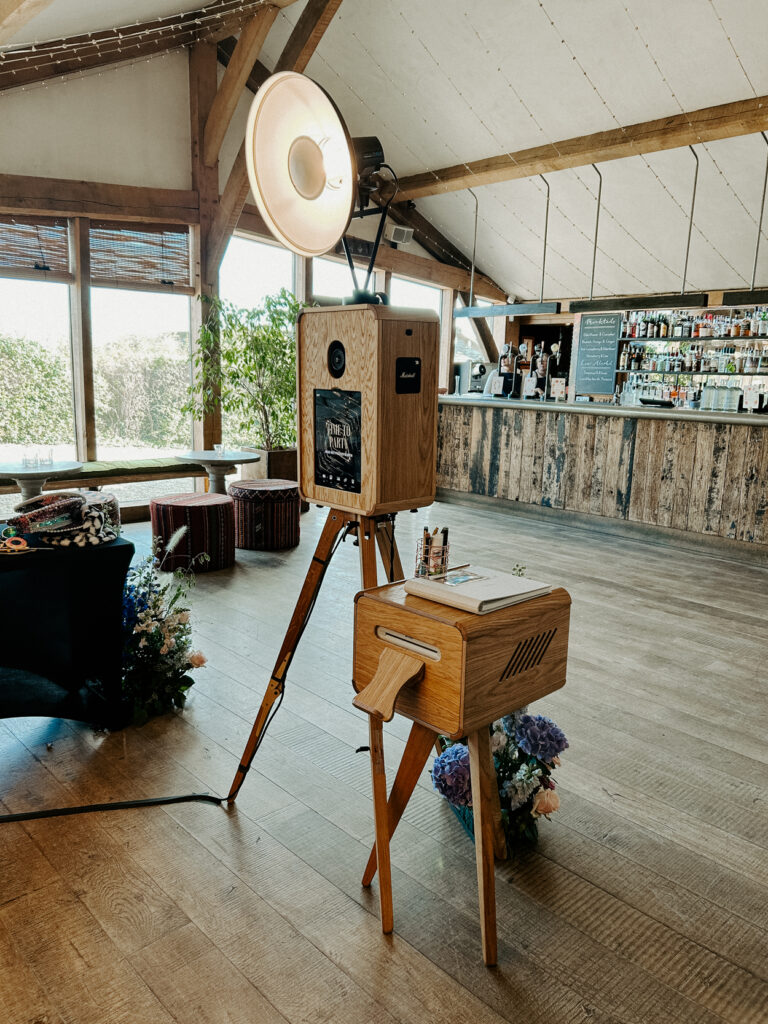 photo booth setup at cripps barn wedding venue in the cotswolds