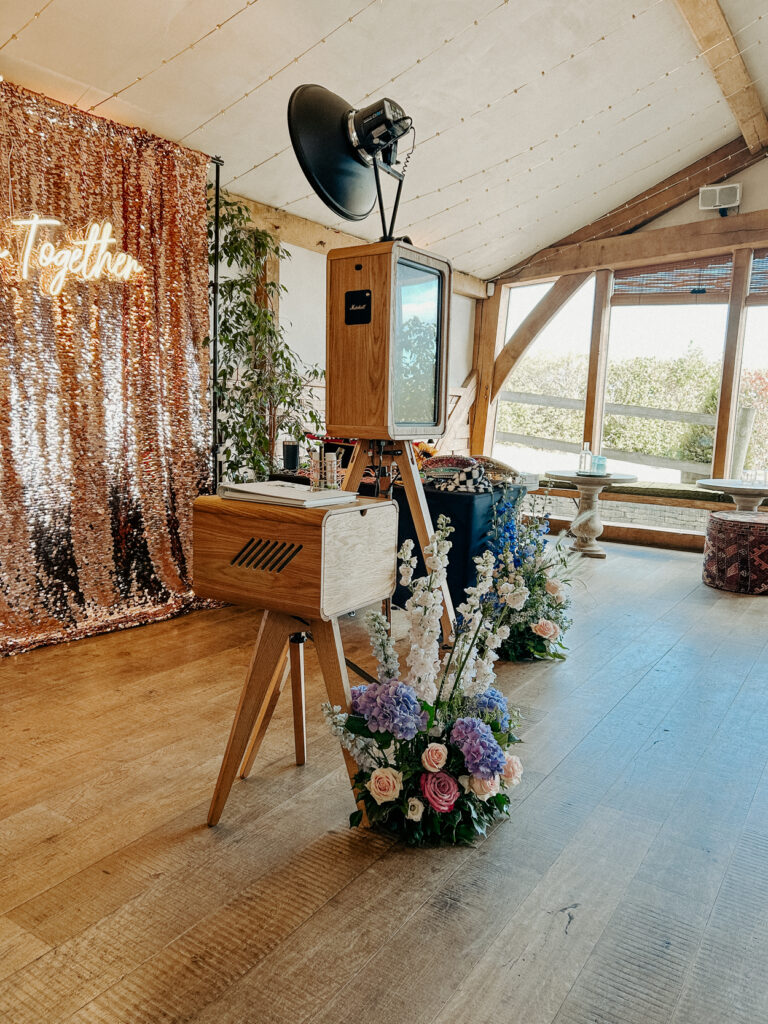 photo booth setup at cripps barn wedding venue in the cotswolds