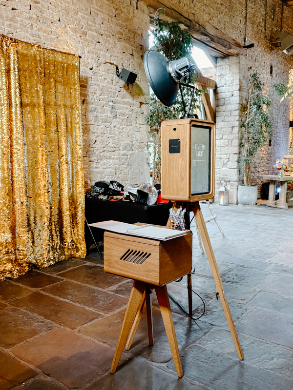 photo booth setup at cripps barn wedding venue in the cotswolds
