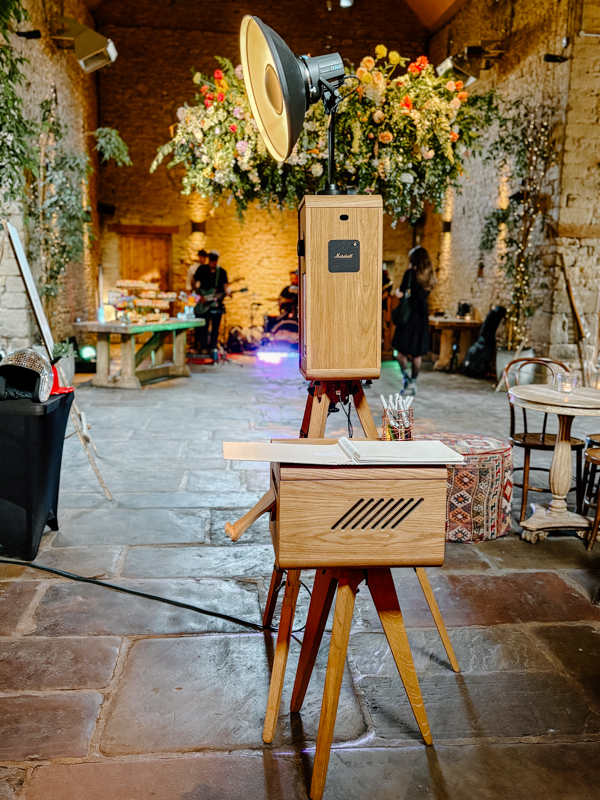 photo booth setup at cripps barn wedding venue in the cotswolds