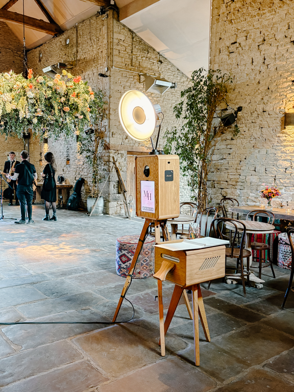 photo booth setup at cripps barn wedding venue in the cotswolds