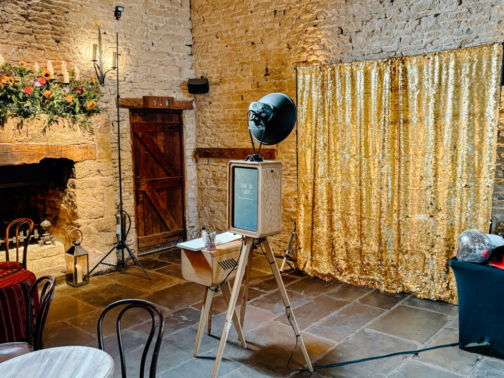 photo booth setup at cripps barn wedding venue in the cotswolds