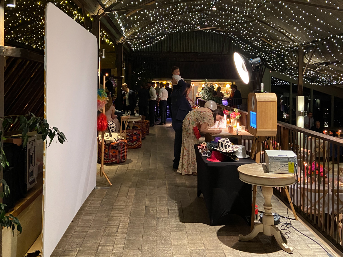 stone barn photo booth setup 
