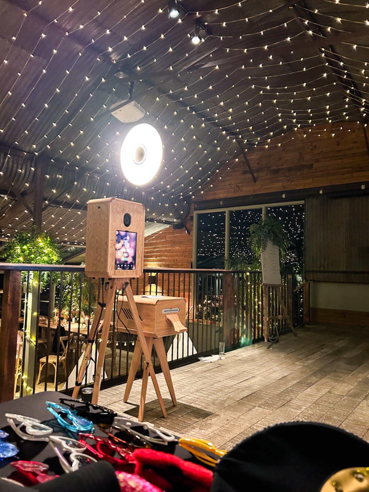 stone barn photo booth setup 
