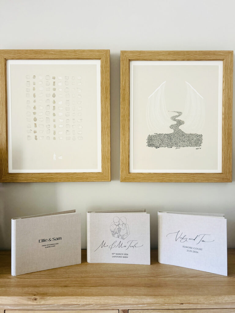 3 different guest book options engraved on the cover, with couples name in handwriting, normal letters and couples logo on the cover
