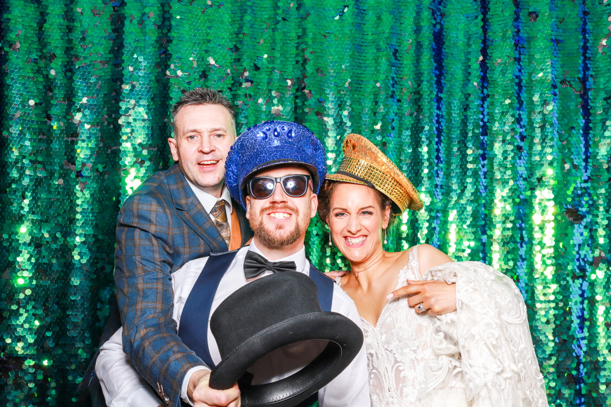 bride and guests posing furing a wedding photo booth hire stratford upon avon