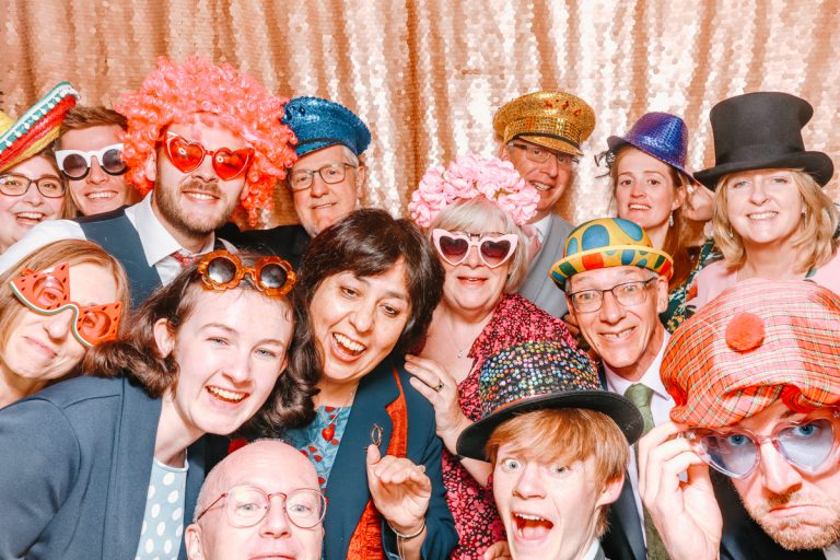 big group of guests posing for a stroud wedding