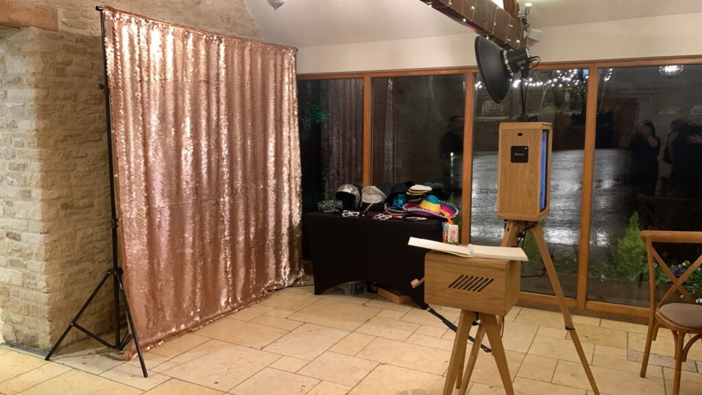 Kingscote barn photo booth setup with the Icon booth
