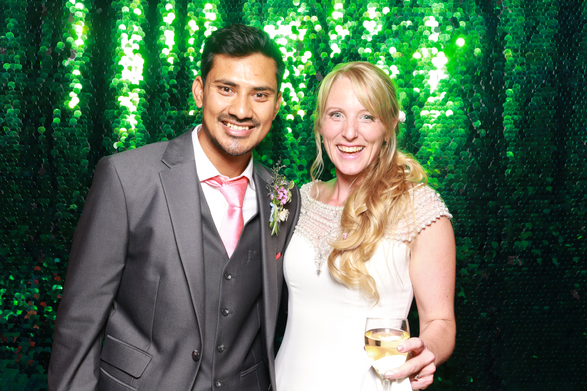 green sequins backdrop for a wedding photo booth hire at the Matara Centre Cotswolds