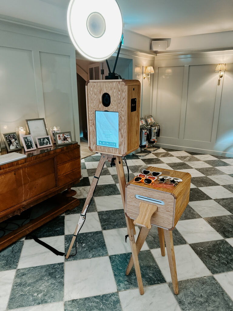 mad hat photo booth setup at kin house for a corporate event party entertainment evening, with the Icon booth set and a wooden case for the printing station 