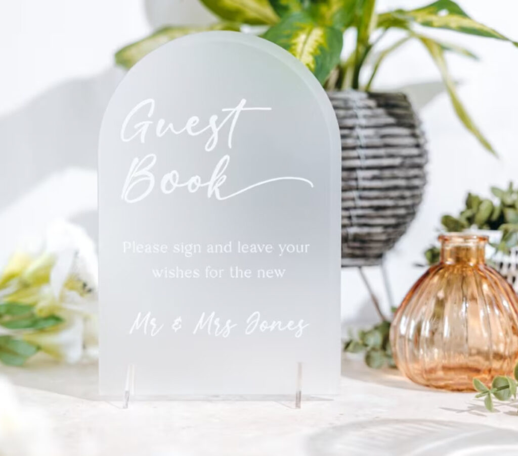 Acrylic Guest Book Sign from Etsy for a diy photo booth selfie station area during a wedding or corporate event 