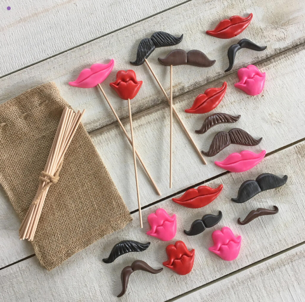 Lips and moustache plastic props on Etsy for a diy photo booth selfie station area during a wedding or corporate event 