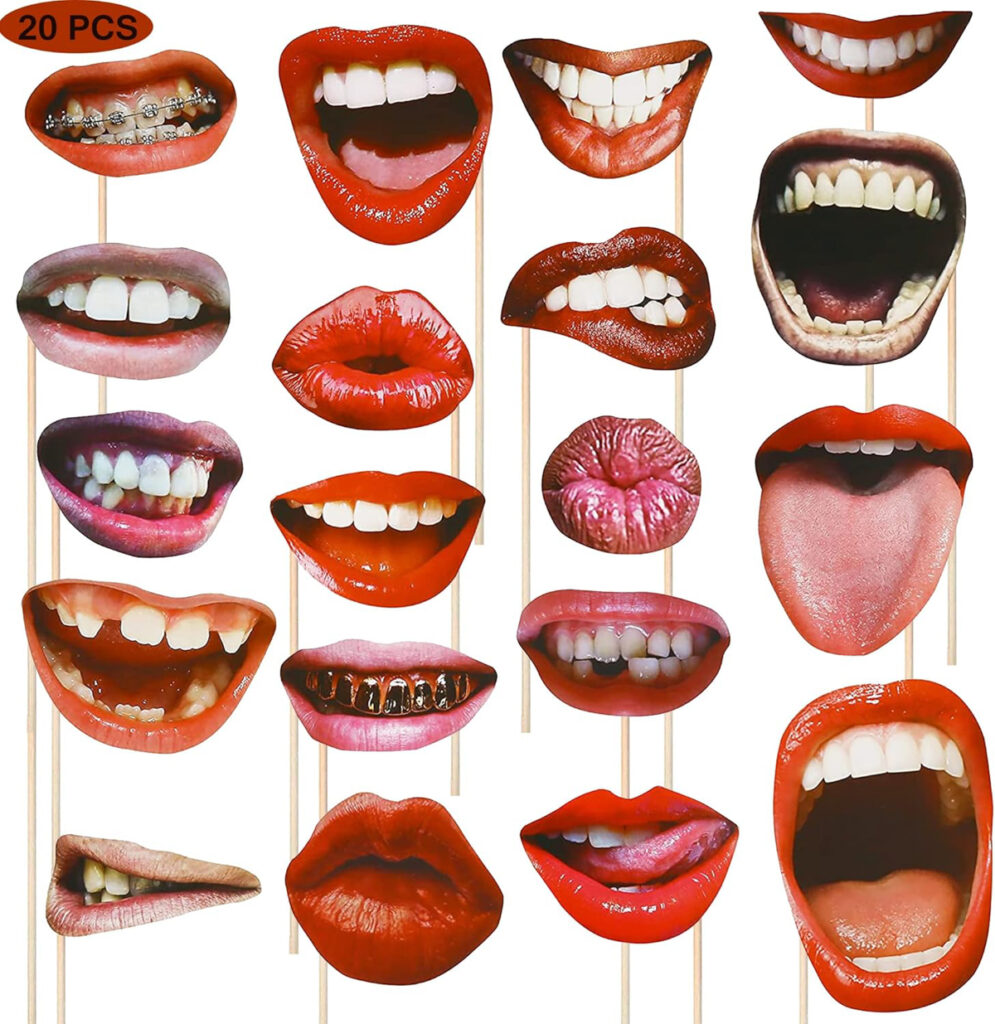 20pcs lips and mouth photo booth props on sticks  Fancy Party Dress Sombrero Hats  for a diy photo booth selfie station area during a wedding or corporate event 