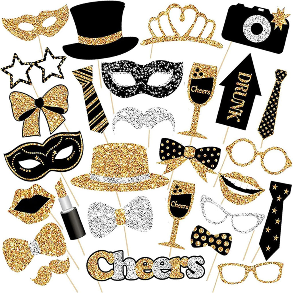 30 PCS Black & Gold Party Props Photo Booth Props for a diy photo booth selfie station area during a wedding or corporate event 