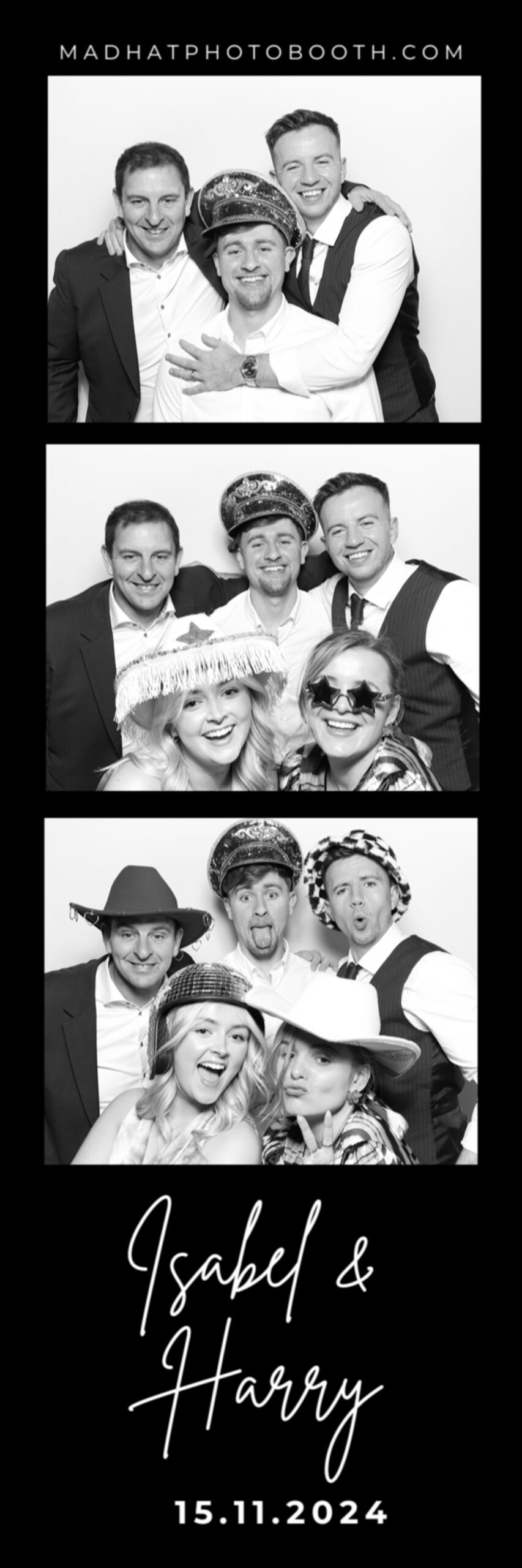 custom design black and white photo booth prints template for a wedding with a black background on a white backdrop photograph