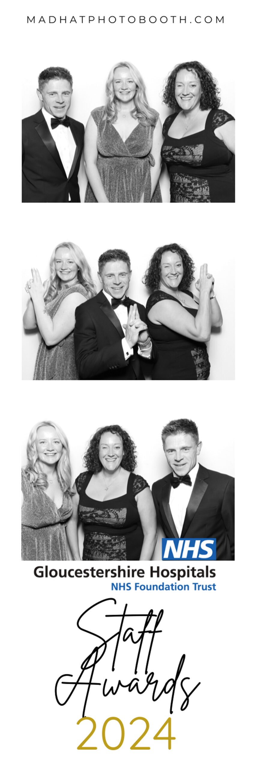 NHS staff Awards custom photo booth print design in black and white with strips and people posing on the print