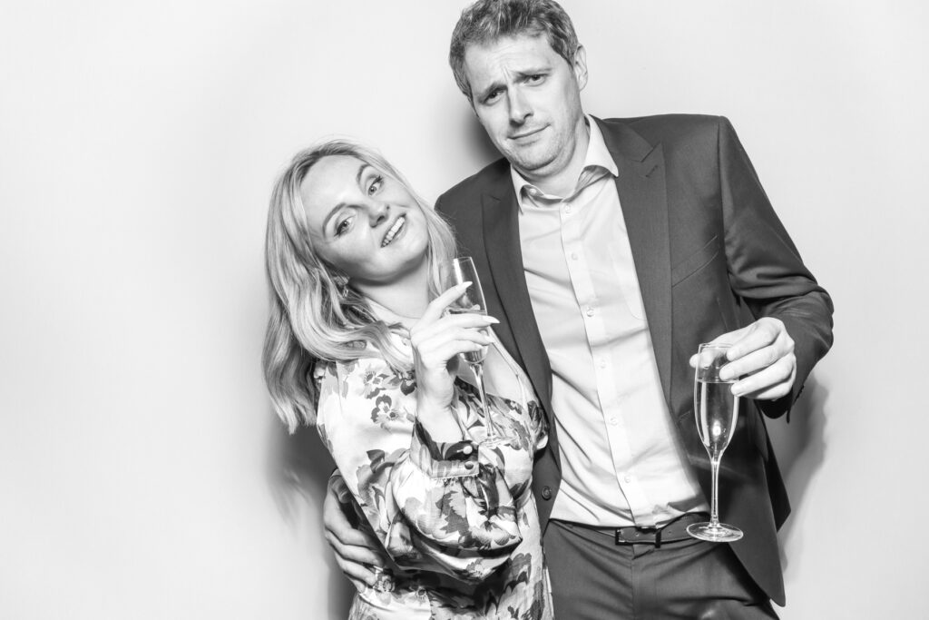 couple posing b&w filter for kardashian style selfie pod hire for a cheltenham photo booth hire affordable party entertainment