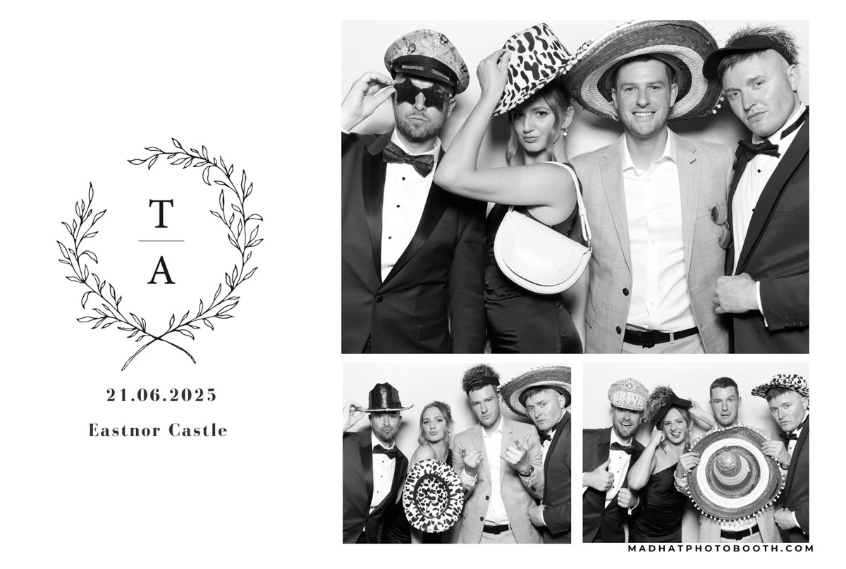 Custom black and white photo booth print design for a wedding at Eastnor Castle, featuring three guest snapshots with props and a bespoke monogram layout by Mad Hat Photo Booth.