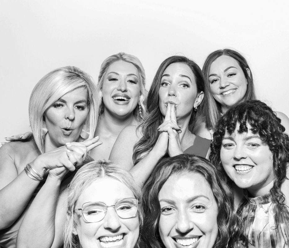 large group of friends for a b&w photo booth hire in bristol