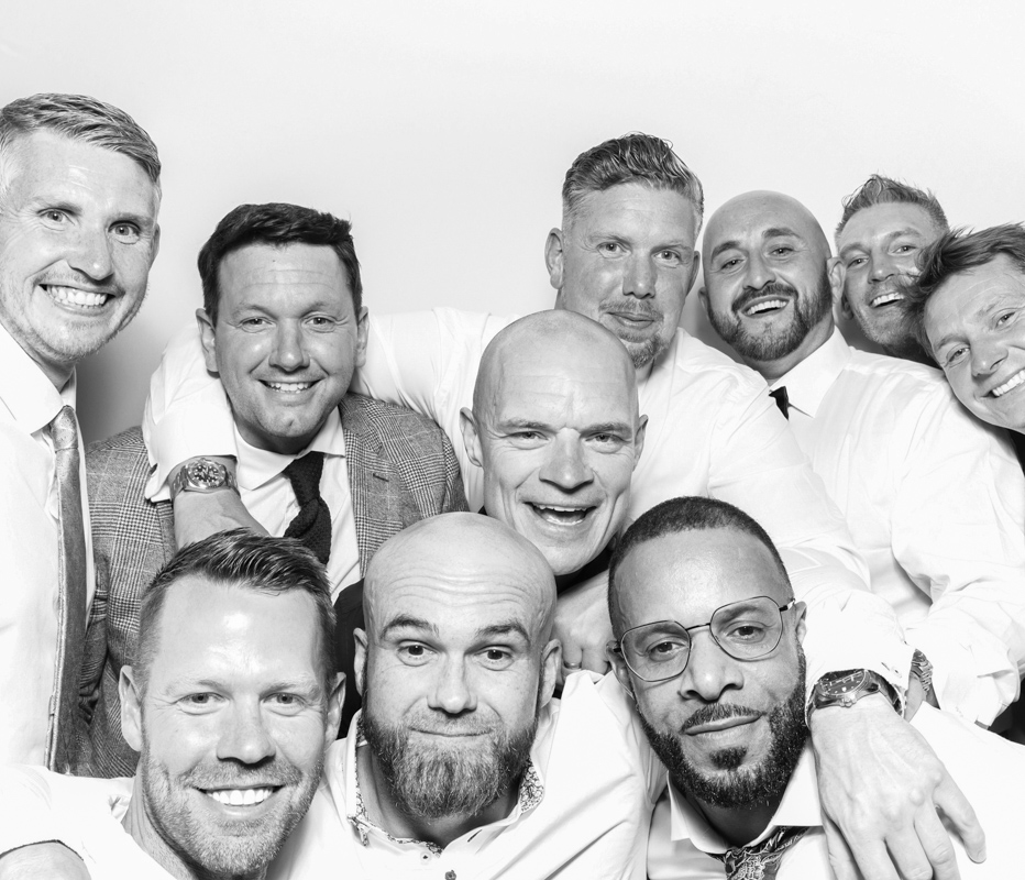 large group of friends for a b&w photo booth hire in bristol