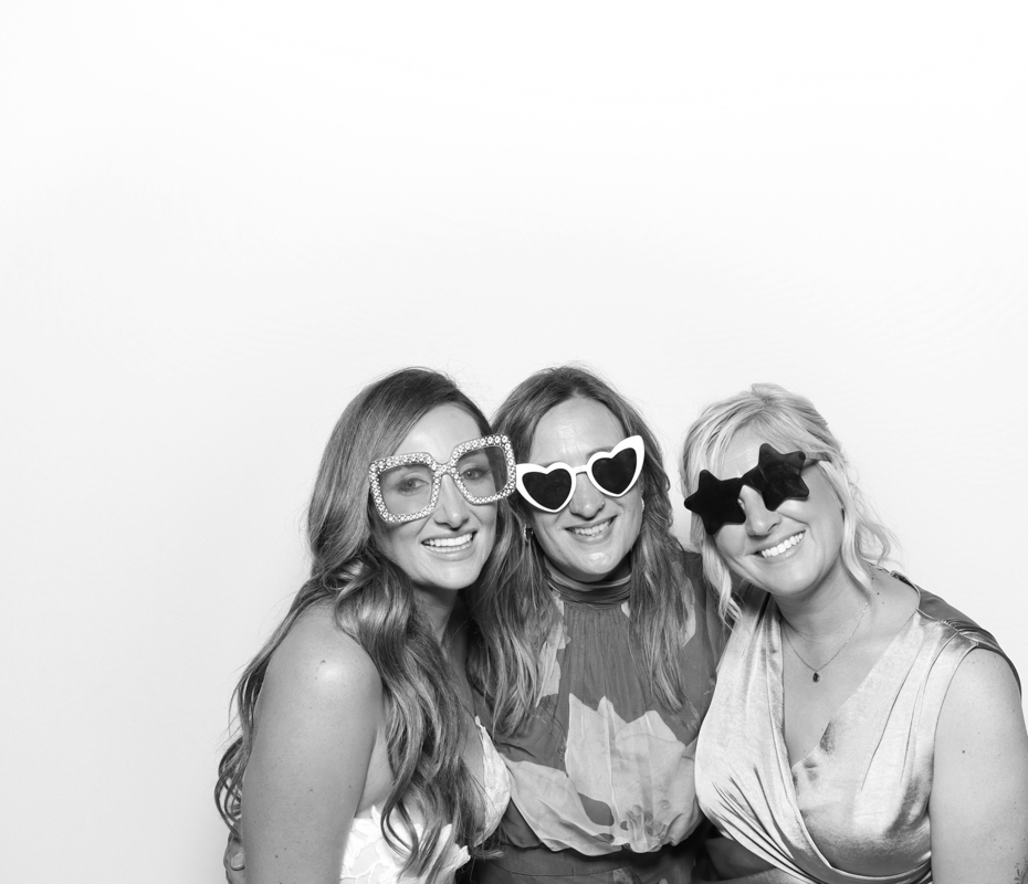 B&W image of guests posing for a premium photo booth rental at Ivy Lodge wedding venue Cirencester
