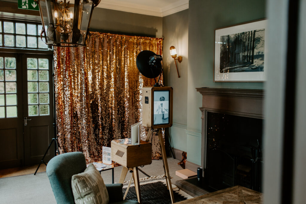 Photo Booth Setup for The Painswick Hotel, Stroud with a champagne sequins backdrop