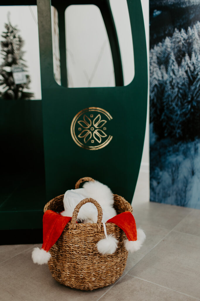 Detail of christmas hats in basket and alpine props around apres ski photo booth setup at Cotswolds Designer Outlet