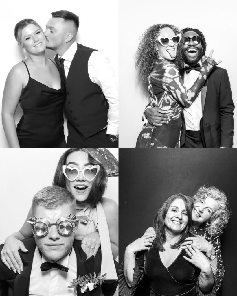 b&W collage of 4 images with couples using the De Vere Tortworth Court Wedding photo booth rental
