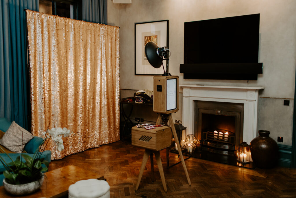 beautiful photo booth setup with a premium photo booth hire and sequins backdrop, in cheltenham for an 18th birthday party at no131
