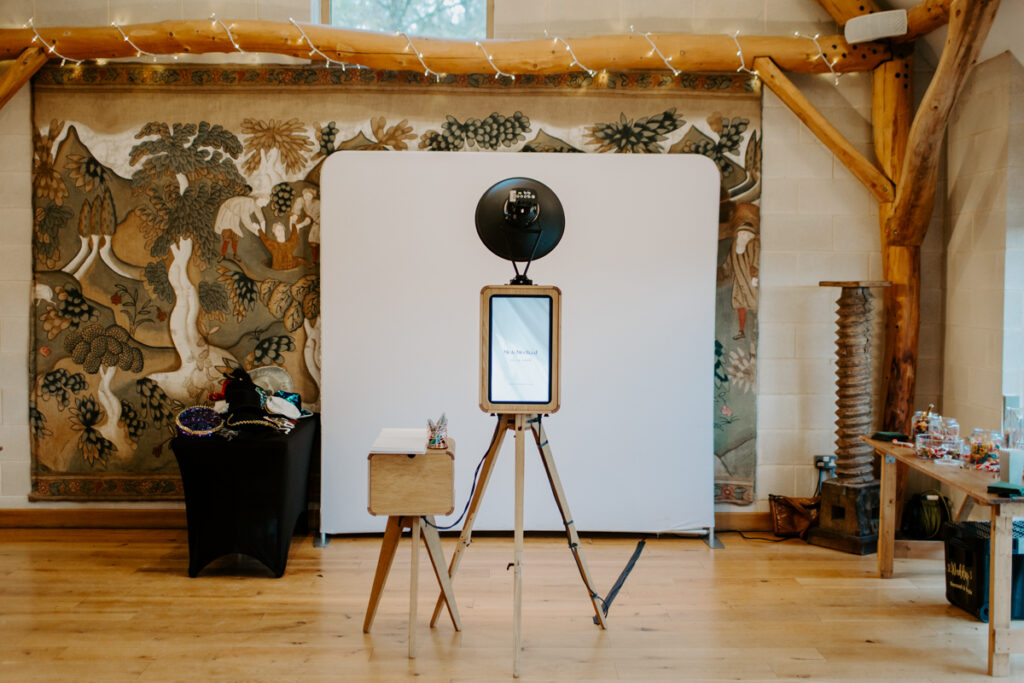 Photo booth setup at Owlpen Manor wedding reception