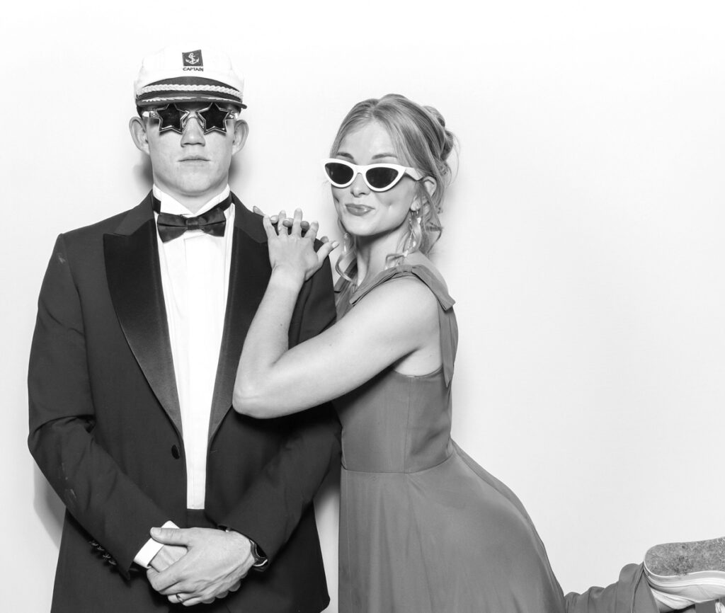 Black and white photo booth portraits at Owlpen Manor wedding