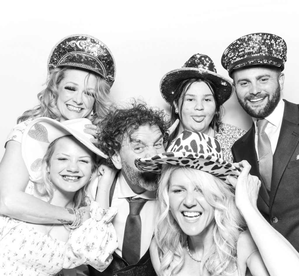 Black and white photo booth portraits at Owlpen Manor wedding