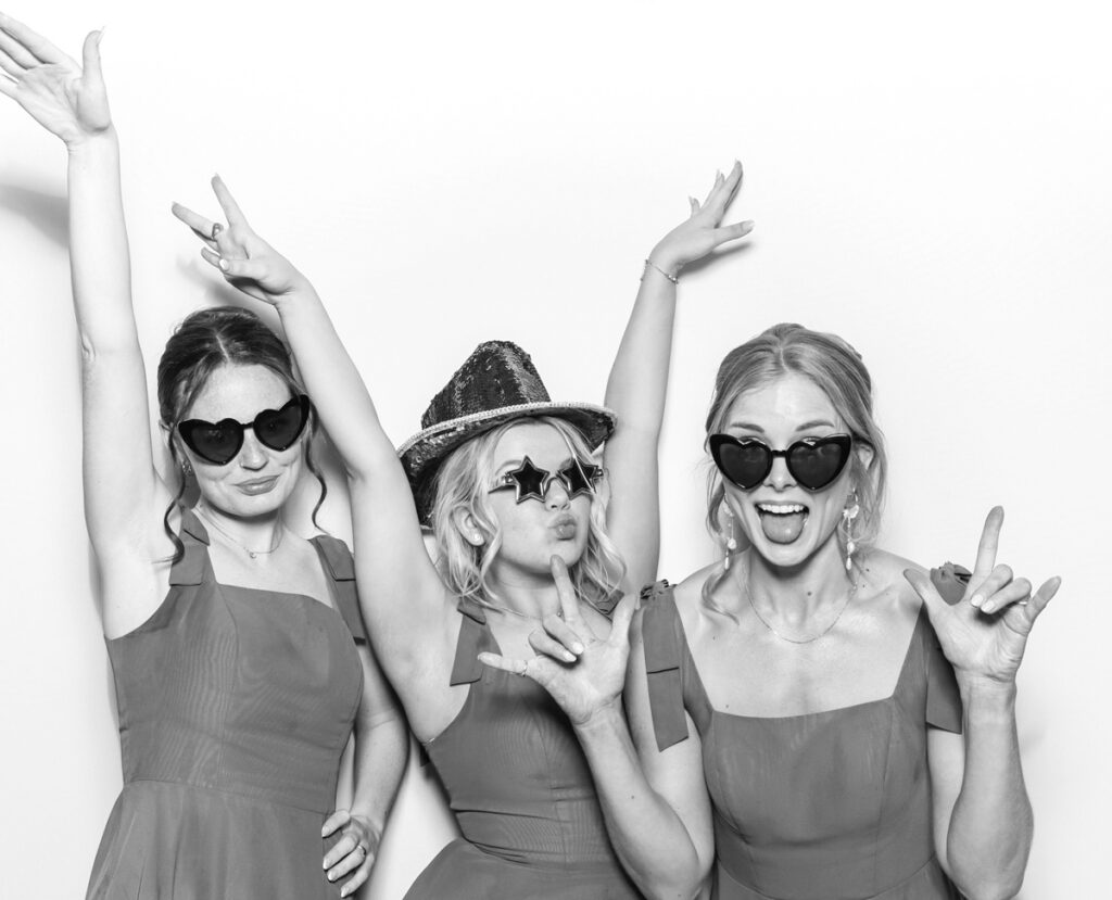 Black and white photo booth portraits at Owlpen Manor wedding