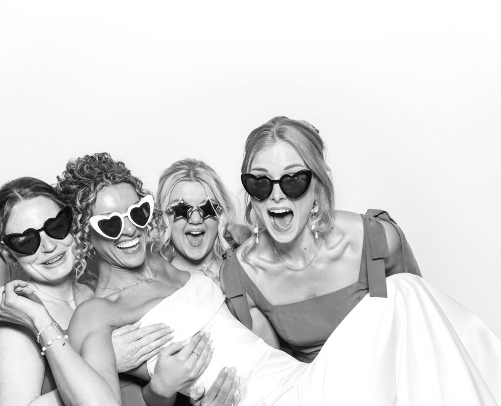 Black and white photo booth portraits at Owlpen Manor wedding
