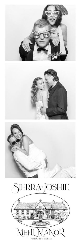 Custom wedding photo booth prints designed with the couple’s names and wedding date