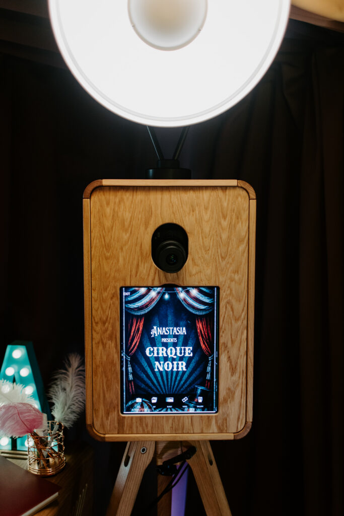 circus themed event photobooth rental with a custom screen for a cirque noir birthday party