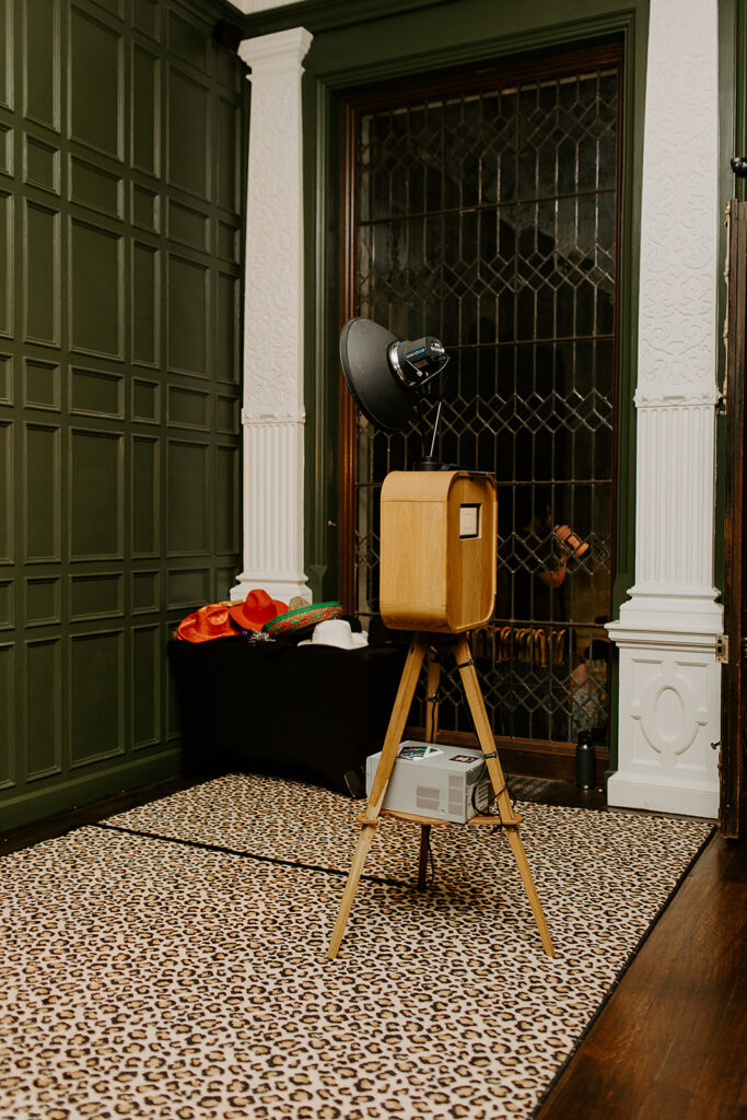 wooden photo booth rental at dumbleton hall venue

